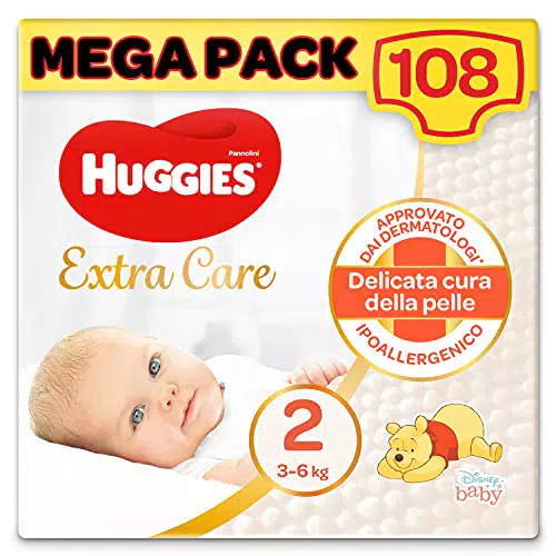 Huggies Extra Care Bebè Pannolini, Taglia 2, Confezione da 108 Pannolini