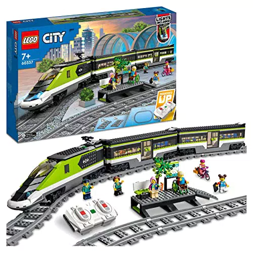 LEGO 60337 City Treno Passeggeri Espresso, Locomotiva Giocattolo Telecomandata con Luci Dimmerabili e Binari
