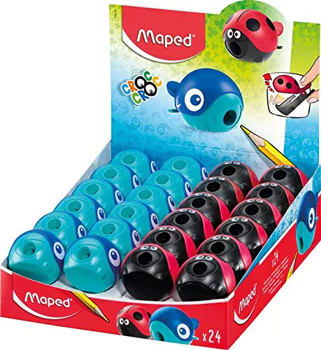 Maped - Materiale scolastico - Temperamatite Croc Croc - Espositore da 24 temperamatite con serbatoio - 1 foro per affilare - Facile apertura del serbatoio - Design ludico - 2 colori diversi