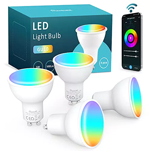 Maxsure GU10 Alexa, 5W=50W 500LM GU10 LED, Faretti GU10 Intelligente Multicolore Dimmerabile GU10 Smart WIFICompatibile Google Homeampadina LED GU10 Telecomando APP Controllo Vocale