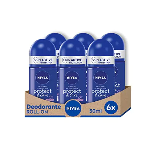 Nivea Protect & Care Deodorante Roll-on 6 x 50 ml, Deodorante antitraspirante senza alcol etilico