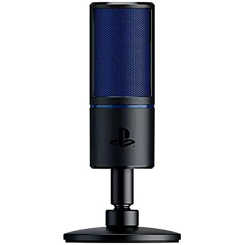 Razer Seiren X per PlayStation - USB Microfono a Condensatore da Streaming compatibile con PS4, PS5 e PC, Monitoraggio a Latenza Zero, Supporto Ammortizzato Integrato, Nero/Blu, (RZ19-02290200-R3G1), 10.41 x 19.55 x 21.33 cm
