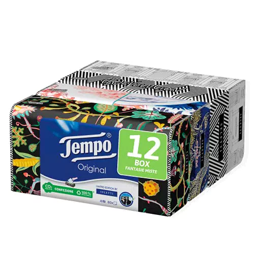 Tempo Fazzoletti Box - 4 veli - 12 Confezioni da 80 fazzoletti in 4 grafiche assortite