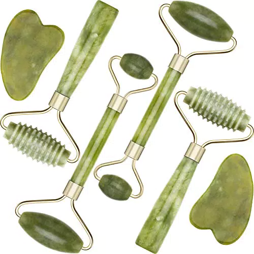 4 Pacchi Jade Roller Kit di Rulli Ondulati Facciali con 2 Pezzi Strumenti di Massaggio Raschiante Gua Sha Anti Invecchiamento e Rughe per Viso
