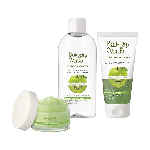 Bottega Verde - Set Completo Mela Verde e Kiwi per Pelli Grasse e Miste: Acqua Micellare Struccante + Crema Viso Gel Idratante e Opacizzante + Scrub Maschera Purificante 2in1