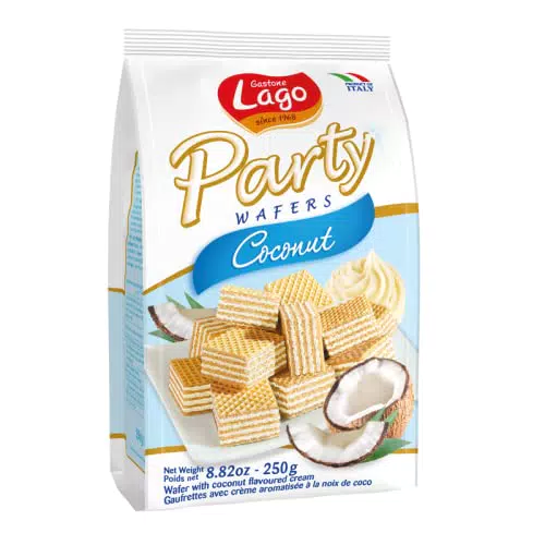 Gastone Lago Party Cocco 250g, Wafer con Vellutata Crema Cocco 74% con 5 Strati Friabili di Wafer
