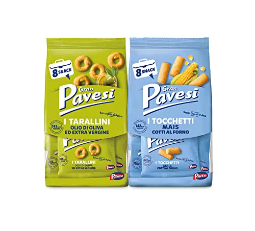 Gran Pavesi Snack Tarallini Olio di Oliva ed Extra Vergineenza Olio di Palma + Snack Tocchettinack al Mais Cotti al Fornoenza Olio di Palma - 8 Pacchetti