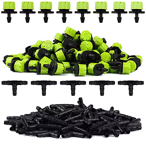Kalolary 200pz Kit di Accessori per Micro Sistema Irrigazione a Goccia Automatica 100pz Verde Gocciolatore a Goccia 100pz Tee Connettore Tubo Gocciolatori Kit Irrigazione Orto