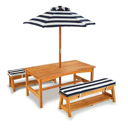 KidKraft 106 Set tavolo e panchine in legno per bambini con cuscini e ombrellone