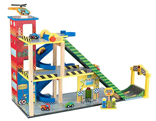 Kidkraft 63267 Set da Corsa Mega Ramp in Legno per Bambini con Elicotterouci e 5 Veicoli Compatibile con Macchinine Hot Wheels