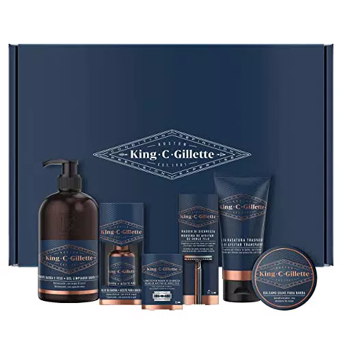 King C. Gillette Cura Barba Uomo, Kit con Rasoio, Detergente Viso