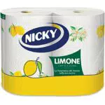 Nicky Limone Carta Cucina - 2 Rotoli da 100 Fogli Assorbenti a 2 Veli, Fresco Profumo di Limone