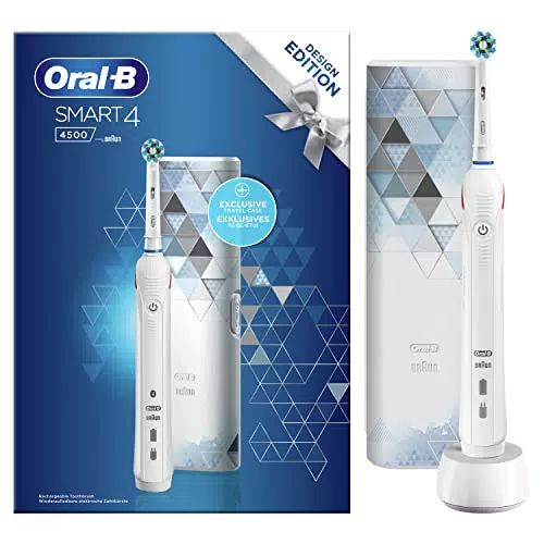 Oral-B Spazzolino Elettrico Ricaricabile Smart 4 4500 Bianco. Edizione Design con Esclusiva Custodia da Viaggio. 1 Spazzolino Connesso Con Bluetooth