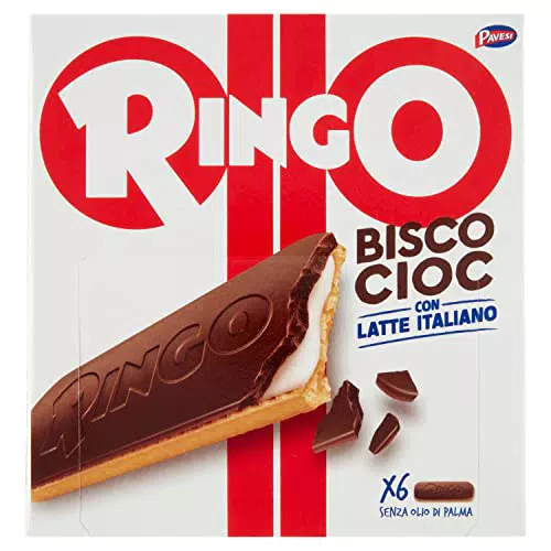 Pavesi Ringo Bisco Cioc Latte, Biscotto con Ripieno al Latte e Copertura di Cioccolato per Snack Dolce e Gustoso per la Merenda - Confezione da 6 Snacks - 162 g