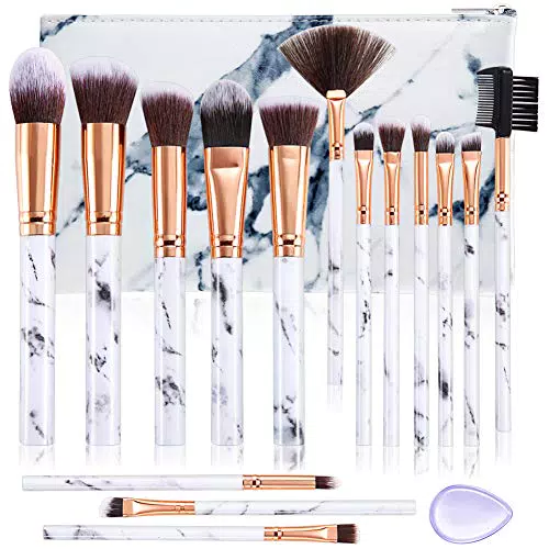 Pennelli Make Up FILY DUAIU 15 Pennelli Professionali Sintetici di Alta Qualità per Ombretto Correttore Cipria Crema Liquida Con Borsa per Cosmetici in Marmo kit con spugnetta