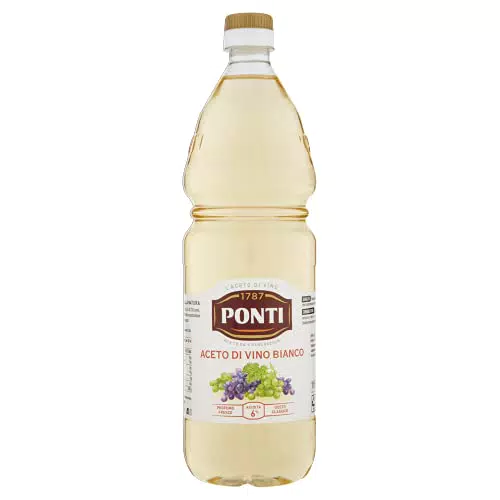 Ponti Aceto di Vino Bianco in Bottiglia da 1L, Aceto Bianco Delicato di Qualità con Acidità 6% Ottimo Come Condimento per Insalata