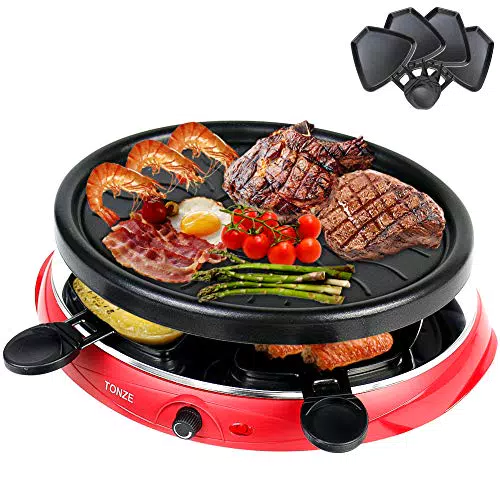 Raclette 4 Persone - Raclette Grill con 4 Mini Raclette Padelle Spatole in Legno Griglia Elettrica Barbecue Raclette Formaggio Party Grill 2 6 8 Persone - 900 W