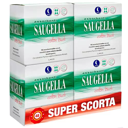 Saugella Saugella Cotton Touch Assorbenti Esterni Notte Ad Azione Antiodore Con Ali In Cotone Ipoallergenici 48 Pezzi