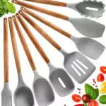 Utensili Cucina Silicone Set Mestoli Cucina Silicone - 8 Pezzi Set Utensili Cucina Silicone con Manico in Legno di Acacia - Termoresistenti al Calore e Antiaderente Strumento di Cottura