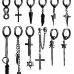 12Pezzi Orecchini in Acciaio Inossidabile per Uomo Donna Orecchini a Cerchio Nero Punk Orecchini Croce Piuma Pendenti Orecchini a Catena Lunghi Ciondoli Orecchini Set