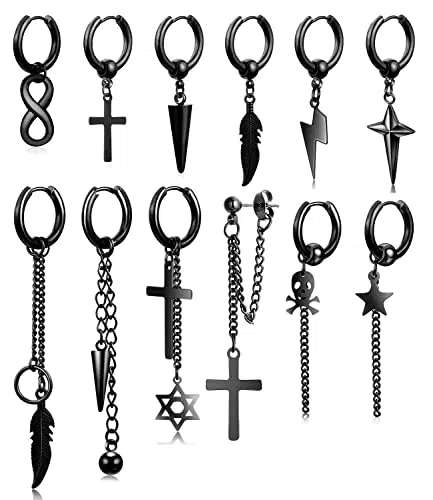 12Pezzi Orecchini in Acciaio Inossidabile per Uomo Donna Orecchini a Cerchio Nero Punk Orecchini Croce Piuma Pendenti Orecchini a Catena Lunghi Ciondoli Orecchini Set