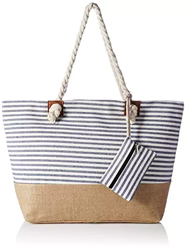 Amazon Brand - Hikaro Grande borsa da spiaggia idrorepellente con cerniera Strisce blu scuro