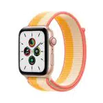 Apple Watch SE Smartwatch con cassa in alluminio color oro con Sport Loop giallo Maya/bianco. Fitness tracker