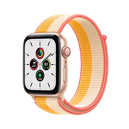Apple Watch SE Smartwatch con cassa in alluminio color oro con Sport Loop giallo Maya/bianco. Fitness tracker