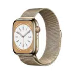 Apple Watch Series 8 Smartwatch con cassa in acciaio inossidabile color oro con Loop in maglia milanese color oro. Fitness tracker