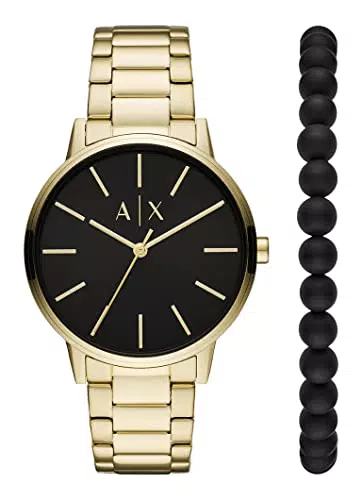 Armani Exchange Orologio a tre lancette da uomo, cassa in acciaio inossidabile dorata da 42 mm e bracciale in acciaio inossidabile