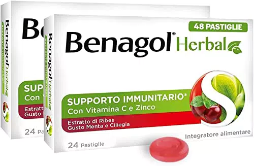 Benagol Herbal Gusto Menta e Ciliegia, Integratore Alimentare, 24+24 Pastiglie