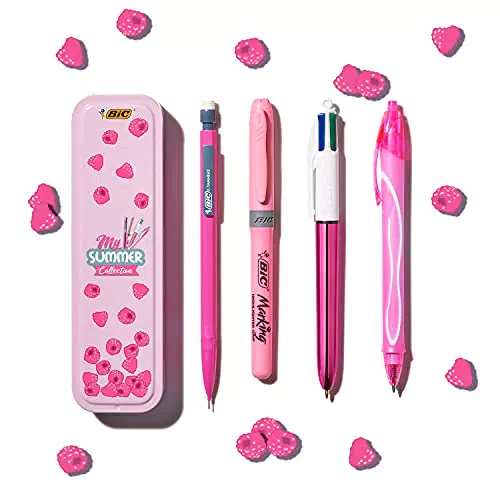 BICy Summer Collection Pink Box, Penna a Sfera a Scatto 4Coloriatita con Gomma Matic Fun