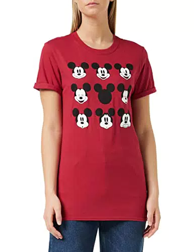 Disney Mickey Mouse Face T-Shirt, Rosso, 44 Donna