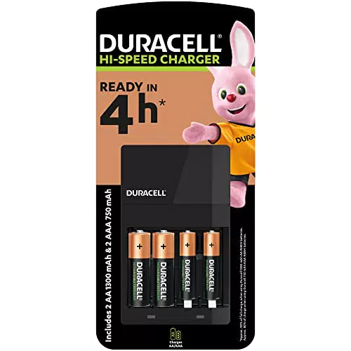 Duracell - Caricabatterie da 4 Ore, con incluse batterie ricaricabili, 2 AA + 2 AAA