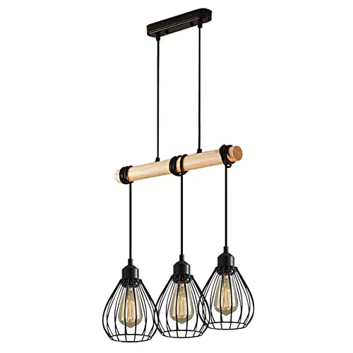 ENCOFT Lampada a Sospensione Industriale, 3 Luci Lampadario a Sospensione Vintage E27 in Metallo Legno