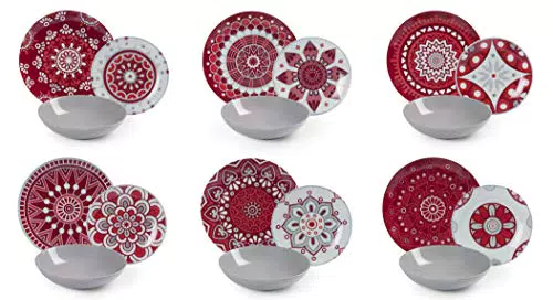 Excelsa Mandala Red Servizio Piatti 18 Pezzi, Porcellana e Ceramicaulticolore