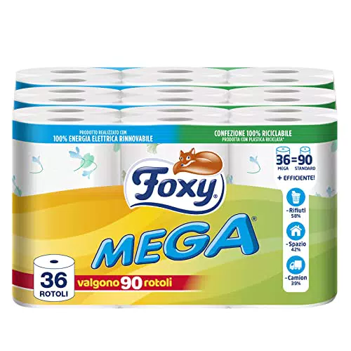 Foxy Mega, Carta igienica 36 rotoli| 480 strappi per rotolo| Decorata