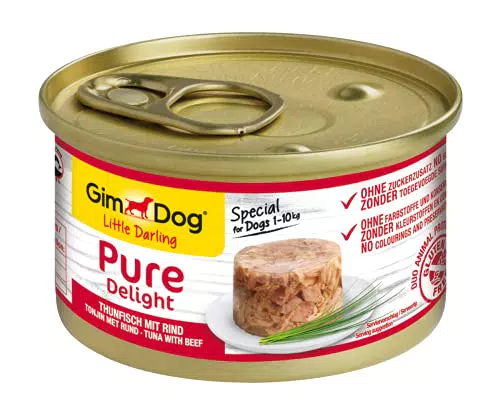 GimDog Pure Delight Tonno con manzo - Snack per cani ricco di proteine con pesce tenero in gustosa gelatina - 12 scatolette