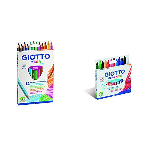 Giotto 220600, Gio Mega-Tri Astuccio 12 Maxi Pastelloni Colorati & Pastelli A Cera Maxi In Astuccio Da 12 Colori