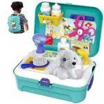 HERSITY Gioco Bambini Kit Veterinario Giocattolo Valigetta Dottore Zaino con Peluche Cane Salone di Bellezza per Animali Giochi di Imitazione per 3 4 5 Anni Bambina