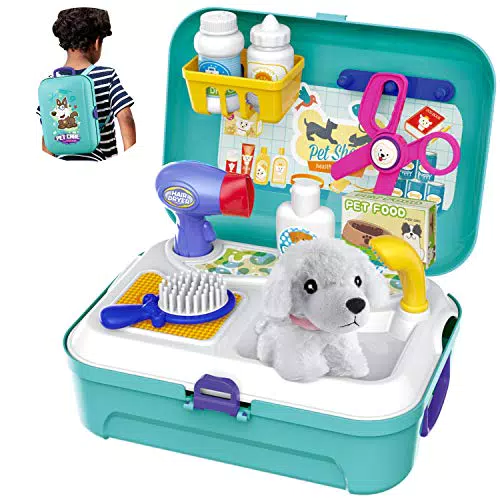 HERSITY Gioco Bambini Kit Veterinario Giocattolo Valigetta Dottore Zaino con Peluche Cane Salone di Bellezza per Animali Giochi di Imitazione per 3 4 5 Anni Bambina