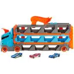 Hot Wheels - Camion Trasportatore 2 in 1, Trasportatore e Pista con 3 Auto in Scala 1:64 per Bambini da 4 a 8 Anni