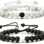 JeweBella 2 Pezzi Bracciale Pietre Naturali per Uomo Donna Nero Opaco Agata Bianco Howlite Bracciale Set Bracciale Uomo Perle 8mm