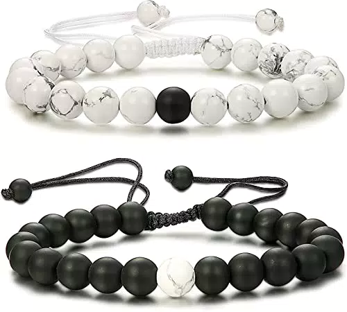 JeweBella 2 Pezzi Bracciale Pietre Naturali per Uomo Donna Nero Opaco Agata Bianco Howlite Bracciale Set Bracciale Uomo Perle 8mm