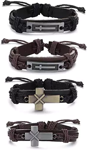 JeweBella 4 Pezzi Croce Bracciale Pelle per Uomo Braccialetto Intrecciato Cuoio Punk Braccialetto Regolabili Set