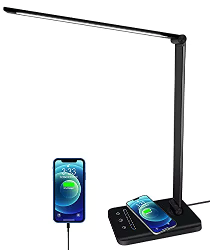 Lampada da scrivania LED, lampada da tavolo con ricarica wireless e porta di ricarica USB
