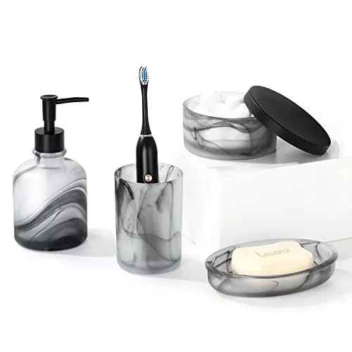 Lewondr Set di Accessori da Bagno in Vetro Opaco: Dispenser con Erogatore, Portaspazzolino, Portasapone, Contenitore con Coperchio(motivo farfalla)