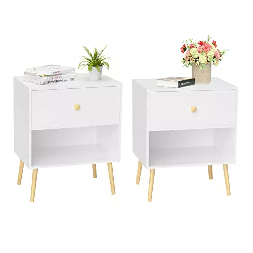 LIVHOOU Set 2 Comodino in legno bianco con cassetto e ripiano aperto