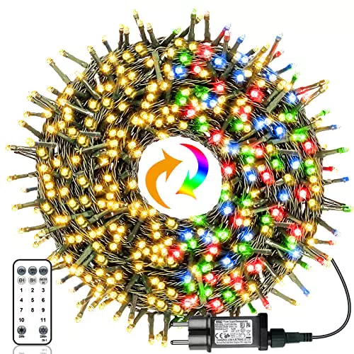 Luci Natale Esterno - 20M 200LED Luci Albero di Natale Bianco Caldo & Multicolore