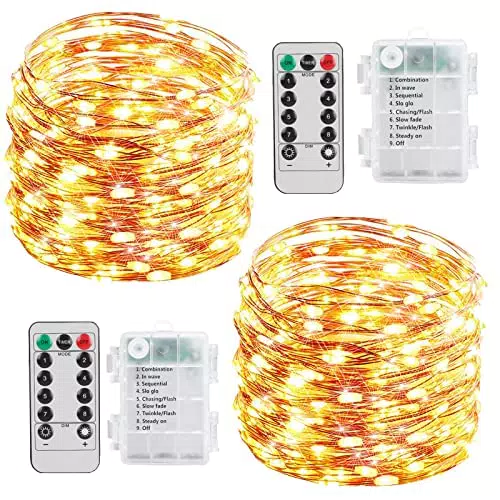 Lucine LED Decorative a Batteria, 2 Pezzi 10m 100 LED Filo di Rame Illuminazione con 8 Modalità Telecomando Impermeabile per Interni Esterni Halloween Festa di Natale Matrimonio Camera da Letto